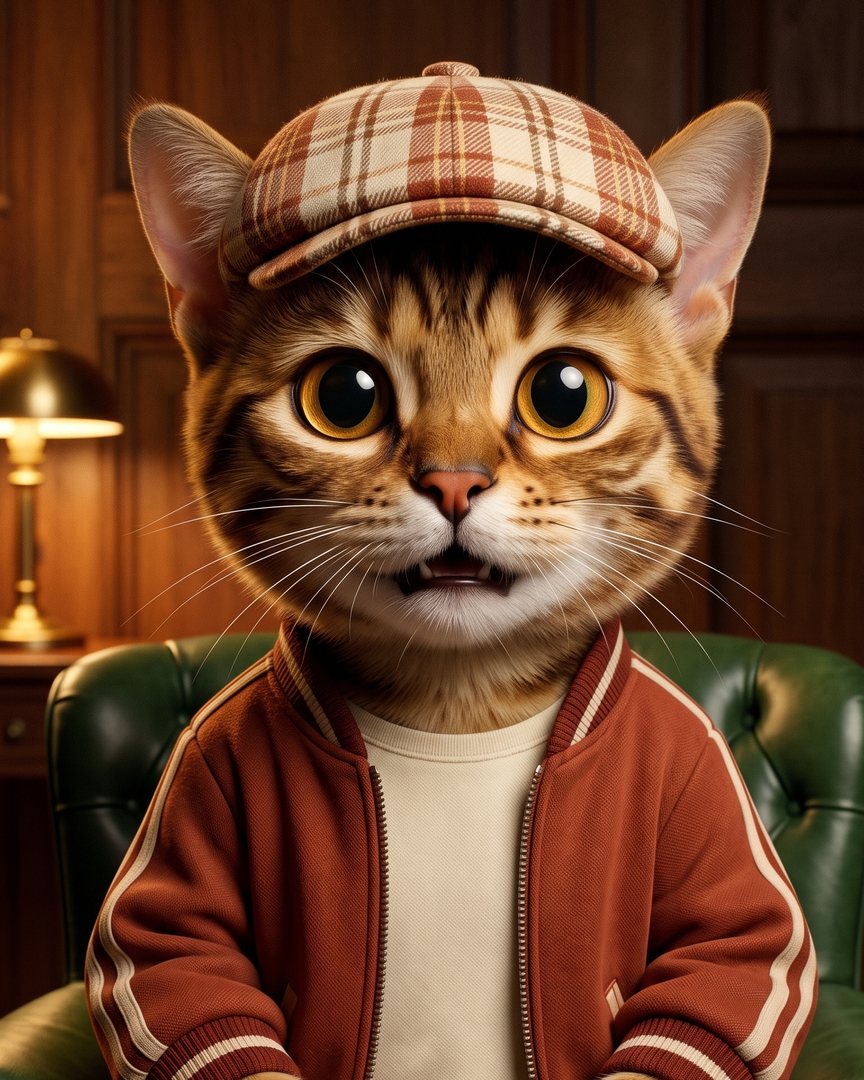Portrait of Cap, a golden-brown Bengal in an oversized checked flat cap and rust-red varsity jacket.