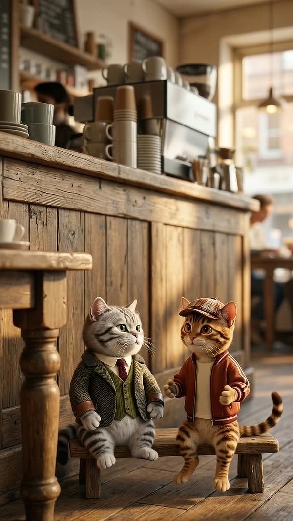 Sir and Cap sit on a low wooden bench beside a table leg in a warm café, the counter towering behind them in morning light.