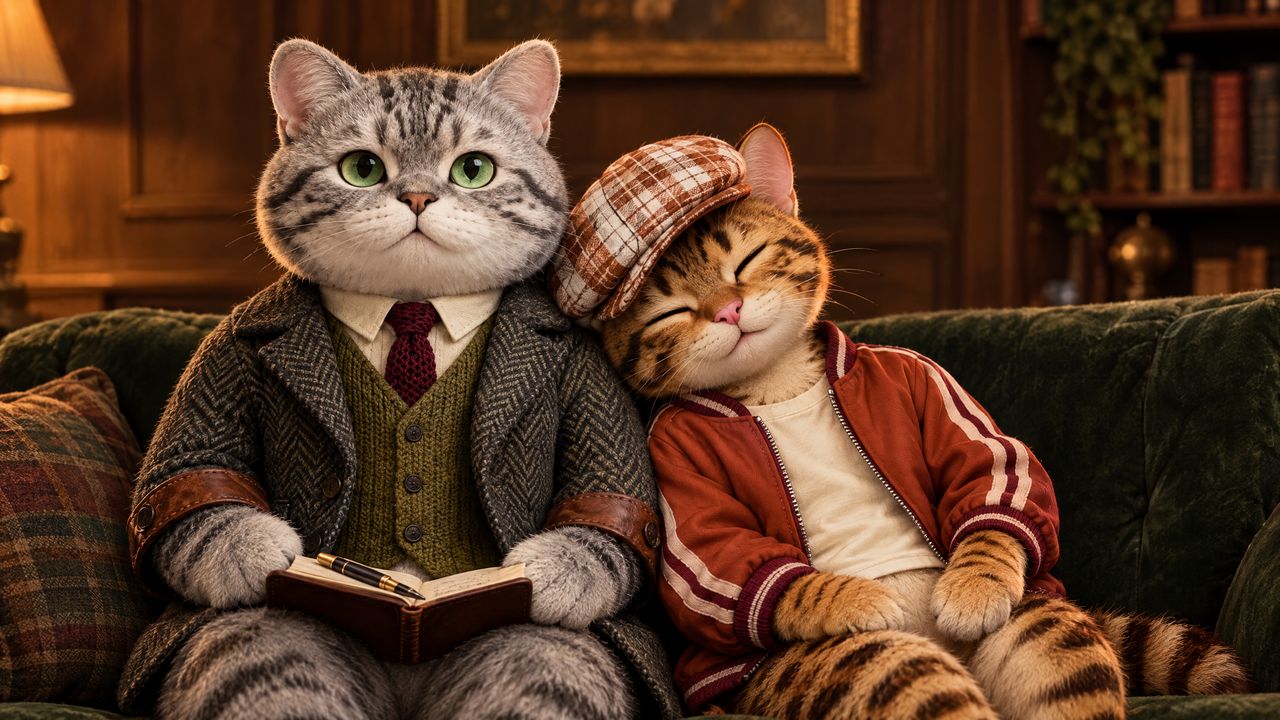 Sir upright with his notebook on the green sofa, Cap asleep on his shoulder, smiling.