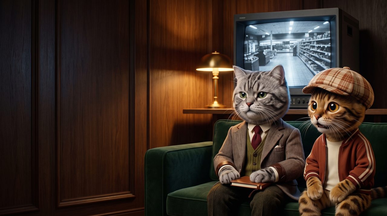 Sir and Cap on the green studio sofa in front of a CRT monitor.