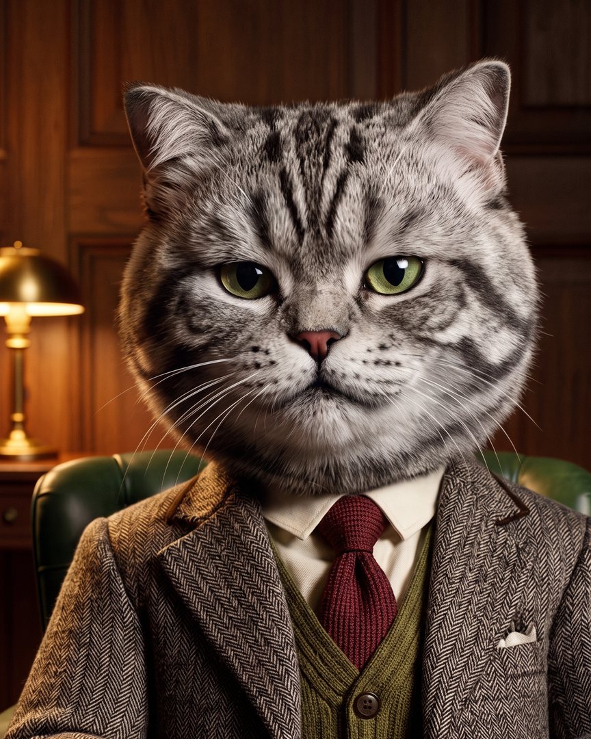 Portrait of Sir, a silver-grey tabby in herringbone tweed, olive waistcoat and burgundy tie, holding a leather notebook.